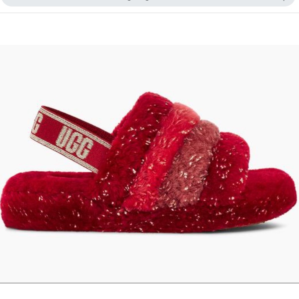 🆕 UGG Fluff Yeah Metallic Red Sparkle Slide Slipper, Size 6 (Big Girl)
